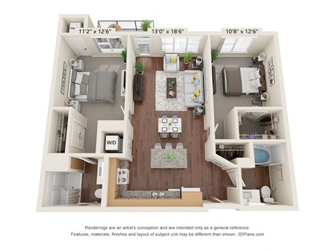 Floor plan for 2 beds, 2 baths, 1050 sqft